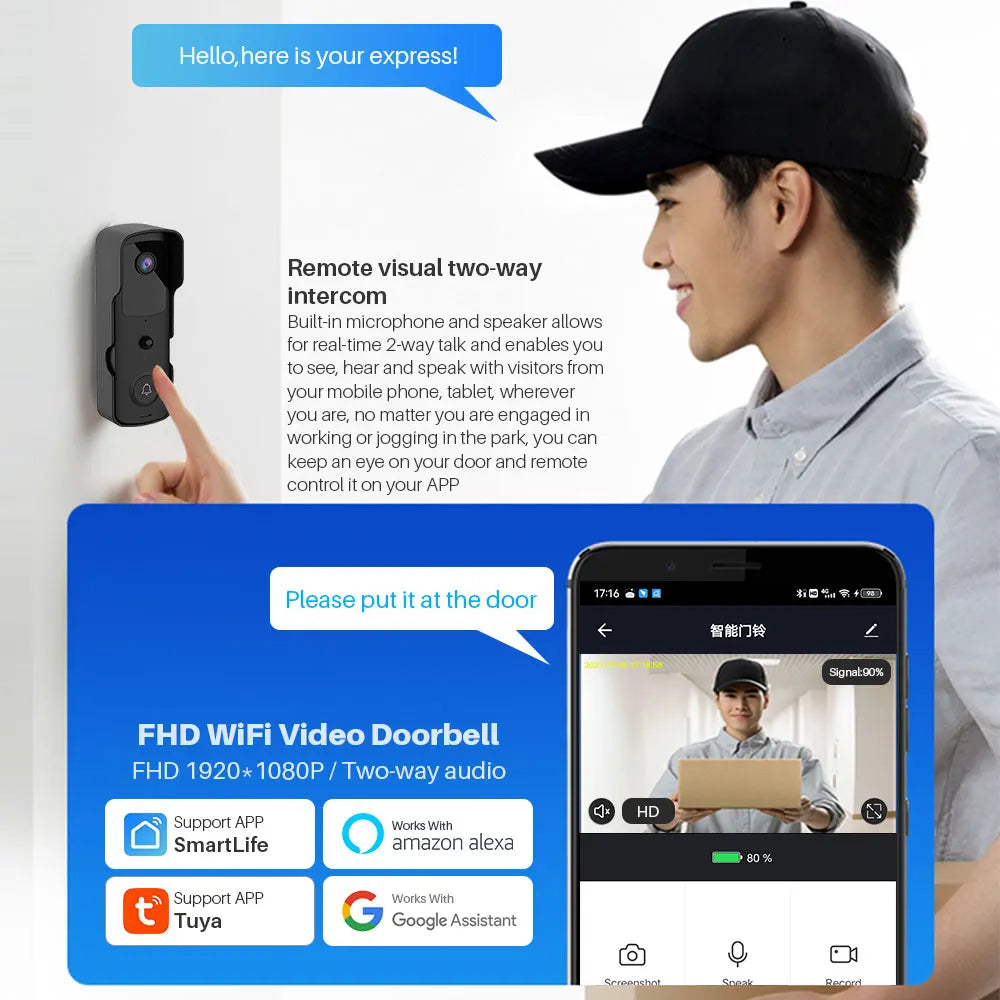 Tuya Smart Video Doorbell – 1080P WiFi, Two-Way Audio