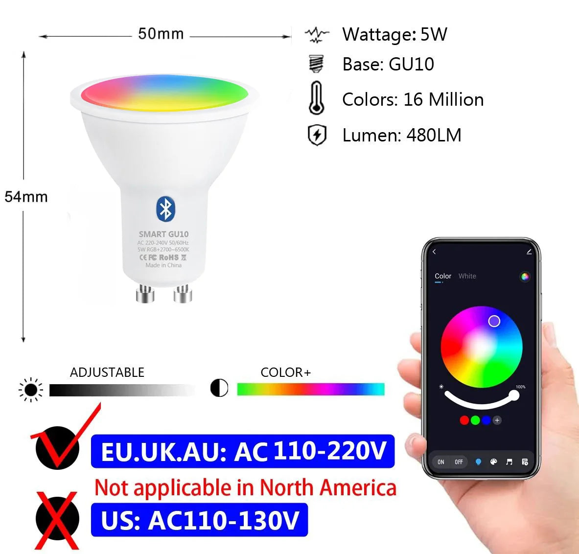 Tuya GU10 WiFi Bluetooth Dimmable LED Smart Light Bulb